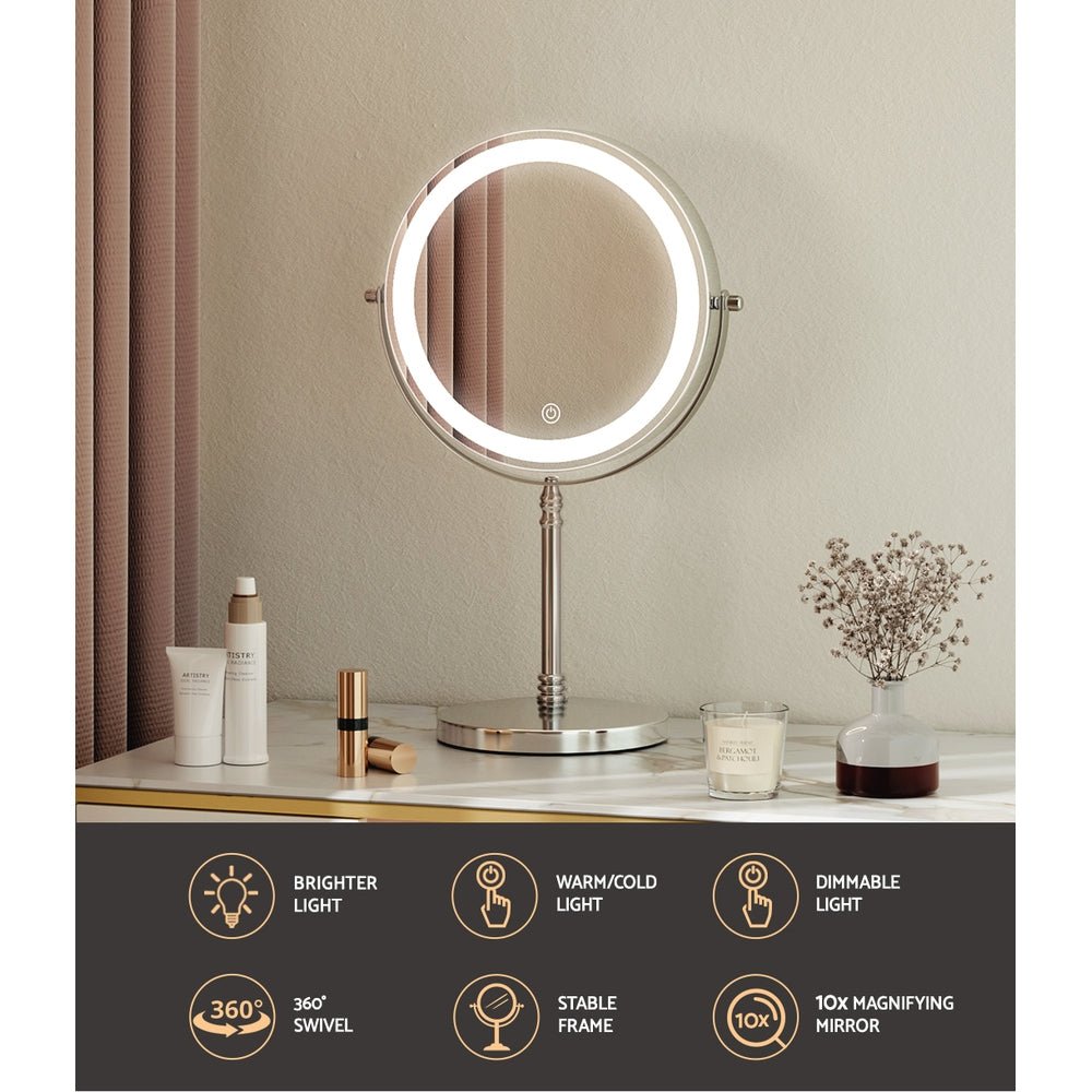 Embellir Makeup Mirror 20x20cm 10X Magnifying with LED Light Rotation Tabletop - NuSea