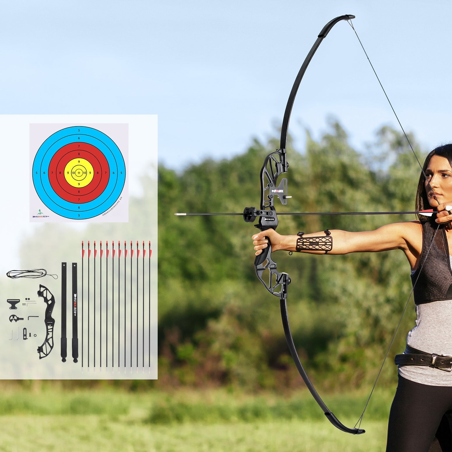 Everfit 55lbs Bow Arrow Set Recurve Takedown Archery Hunting for Beginner Red - NuSea