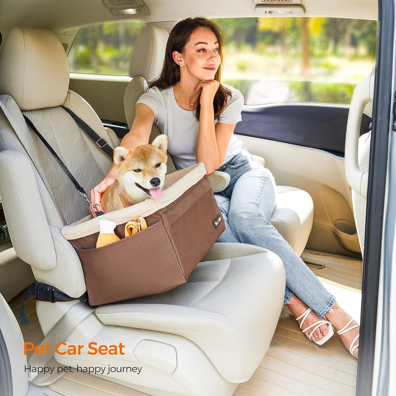Feandrea Dog Car Seat Adjustable Straps Washable Liner 4 Pockets Brown and Beige - NuSea
