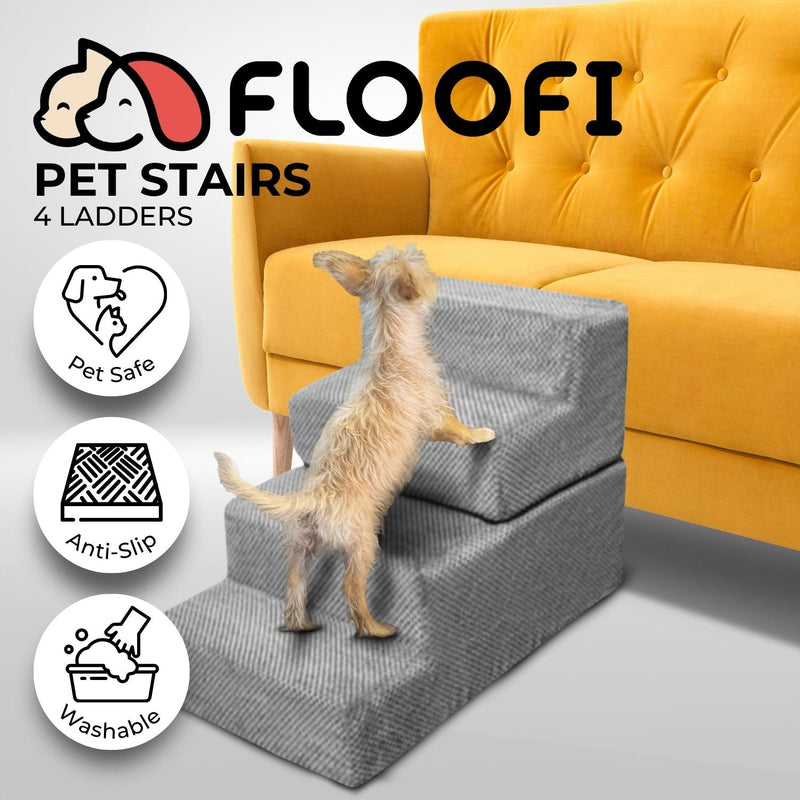 FLOOFI 4 - Step Detachable Memory Foam Pet Stairs with Removable Washable Cover (Grey) - NuSea