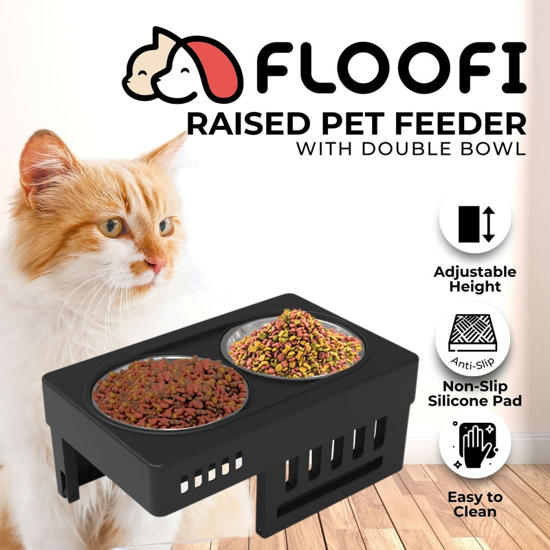 FLOOFI Elevated Raised Pet Feeder with Double Bowl (Black) - NuSea