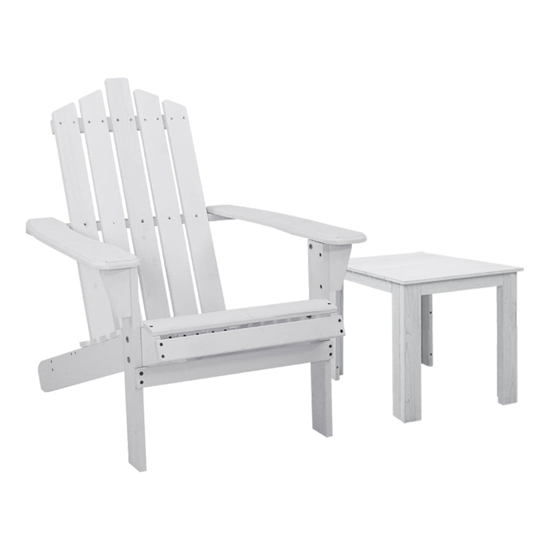 Gardeon 2PC Adirondack Outdoor Table and Chair Wooden Beach Chair Patio Furniture White - NuSea