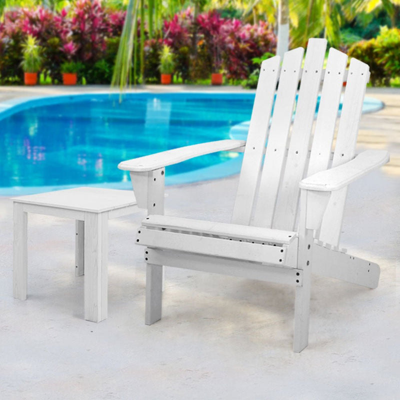 Gardeon 2PC Adirondack Outdoor Table and Chair Wooden Beach Chair Patio Furniture White - NuSea
