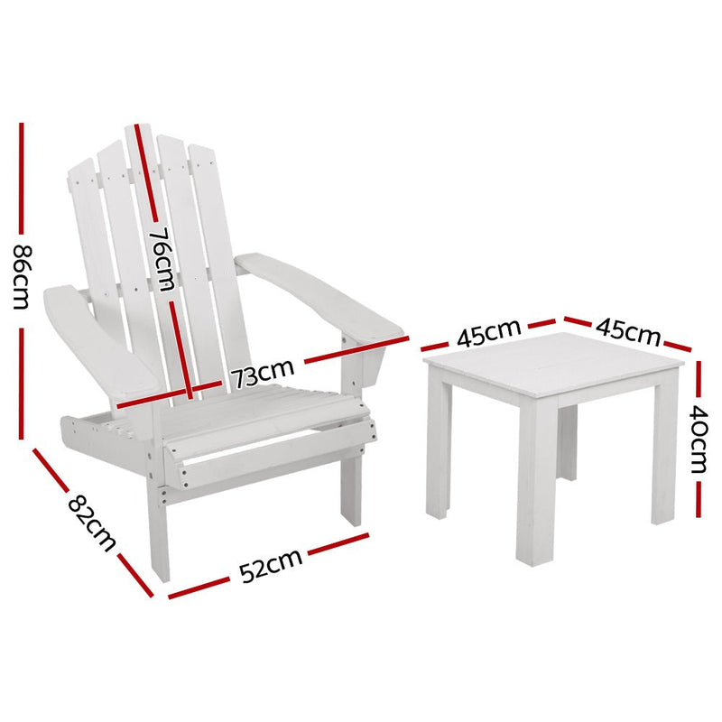 Gardeon 2PC Adirondack Outdoor Table and Chair Wooden Beach Chair Patio Furniture White - NuSea