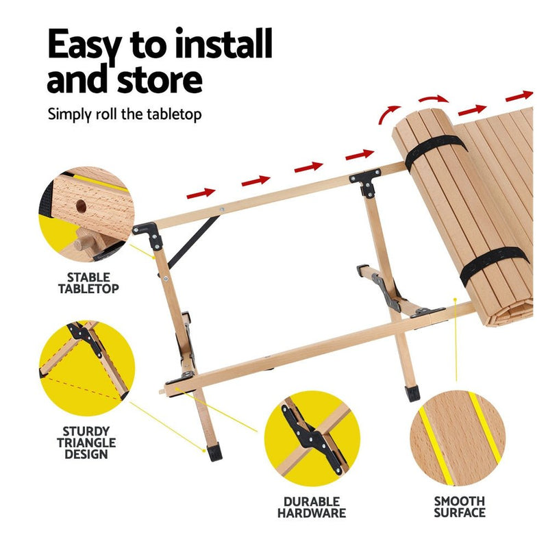 Gardeon Outdoor Furniture Wooden Egg Roll Picnic Table Camping Desk 120CM - NuSea