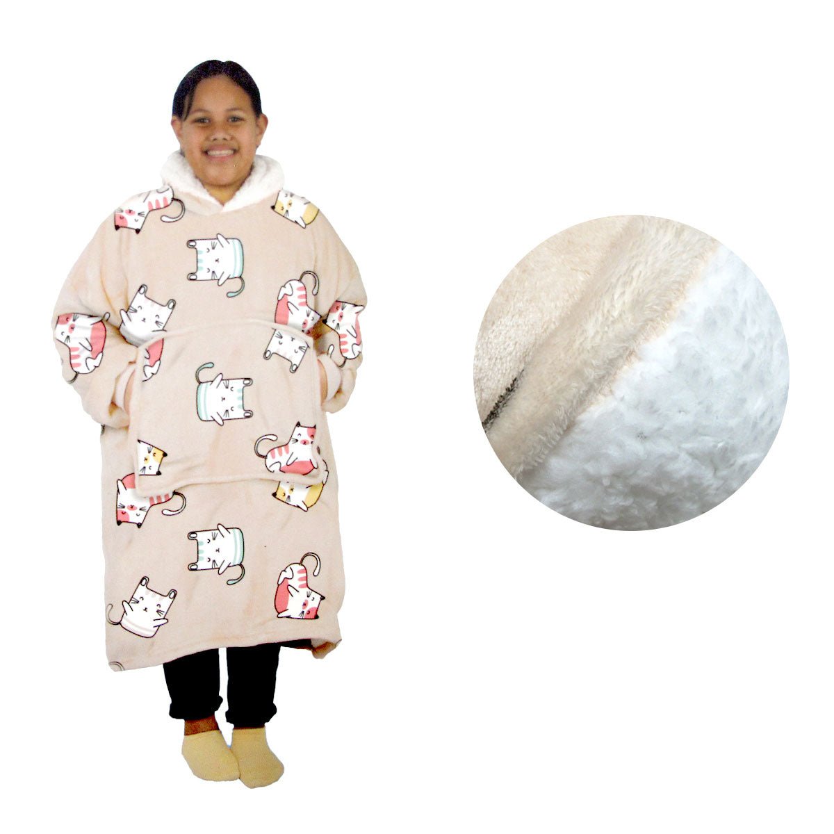 Girls Comfy Warm Blanket Hoodie with Sherpa Fleece Reverse Kawaii Cat - NuSea