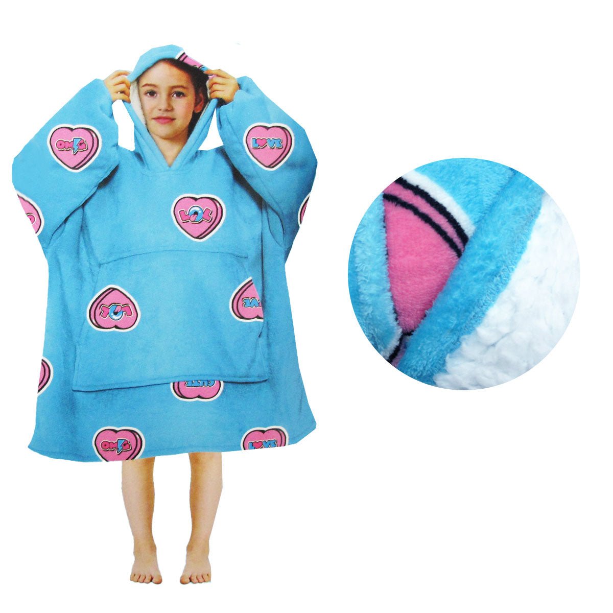 Girls Comfy Warm Blanket Hoodie with Sherpa Fleece Reverse Love Hearts - NuSea