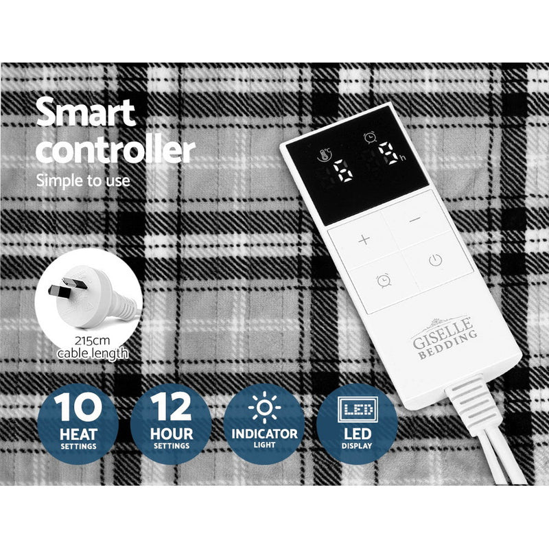 Giselle Bedding Electric Throw Rug Flannel Snuggle Blanket Washable Heated Grey and White Checkered - NuSea