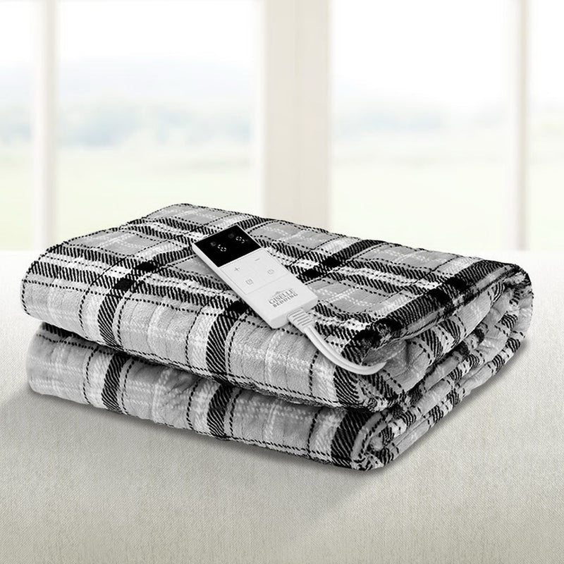 Giselle Bedding Electric Throw Rug Flannel Snuggle Blanket Washable Heated Grey and White Checkered - NuSea