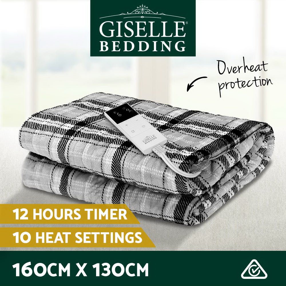 Giselle Bedding Electric Throw Rug Flannel Snuggle Blanket Washable Heated Grey and White Checkered - NuSea