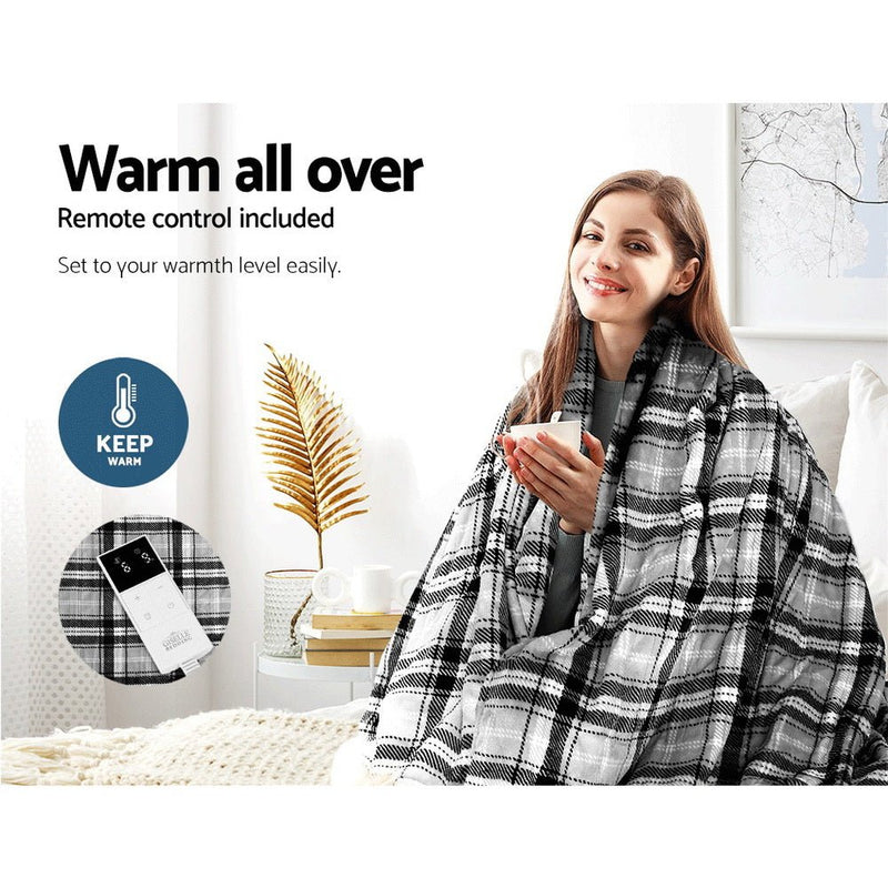 Giselle Bedding Electric Throw Rug Flannel Snuggle Blanket Washable Heated Grey and White Checkered - NuSea