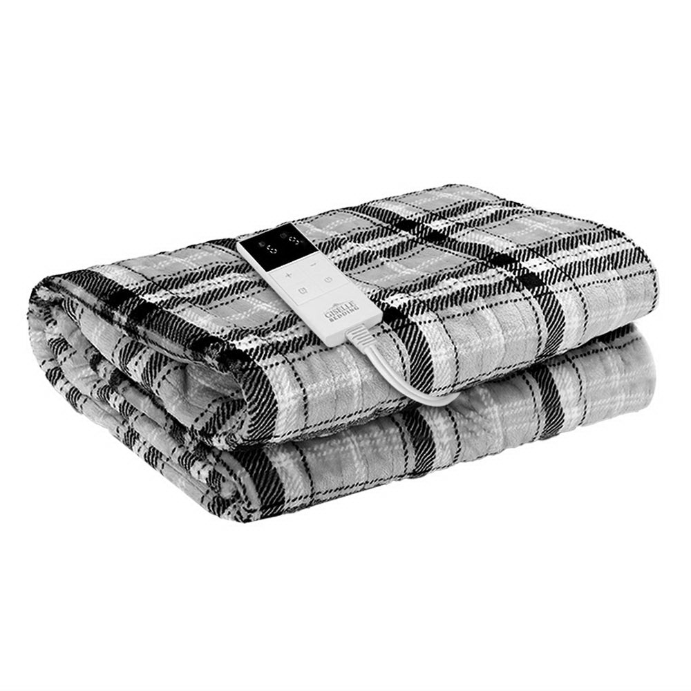 Giselle Bedding Electric Throw Rug Flannel Snuggle Blanket Washable Heated Grey and White Checkered - NuSea