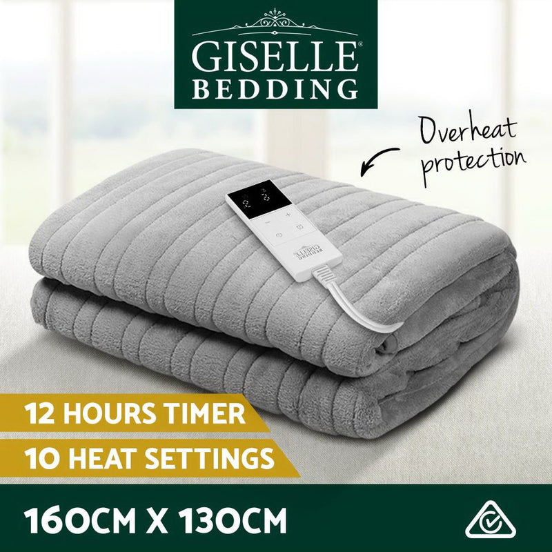 Giselle Bedding Heated Electric Throw Rug Fleece Sunggle Blanket Washable Silver - NuSea