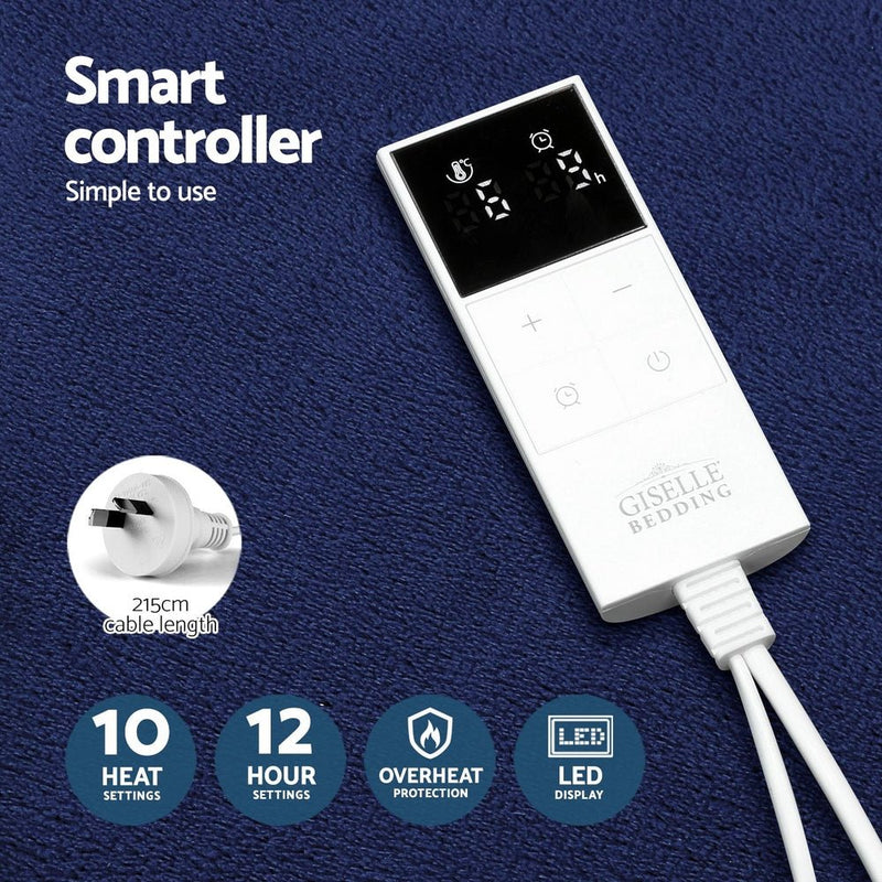 Giselle Electric Throw Rug Heated Blanket Washable Snuggle Flannel Winter Navy - NuSea