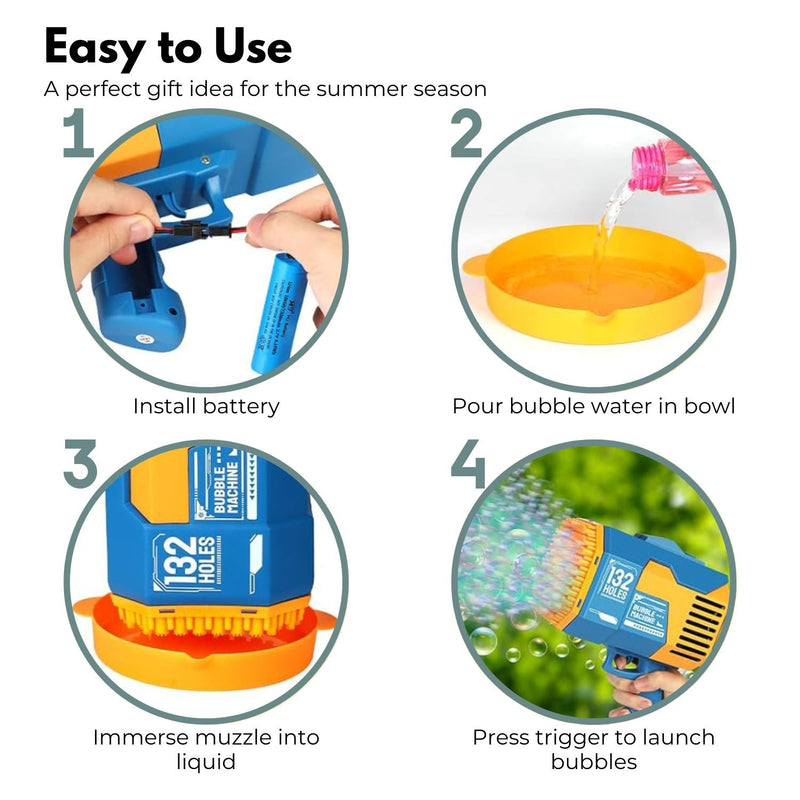 GOMINIMO 132 Holes Rechargeable Bubbles Machine Gun for Kids (Orange and Blue) - NuSea