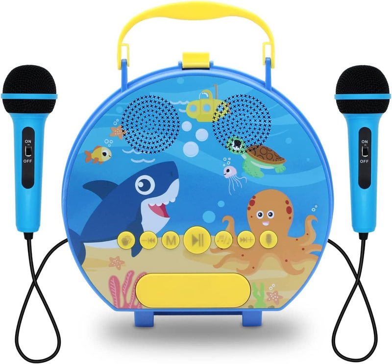 GOMINIMO Kids Portable Karaoke with Two Microphones (Round, Blue Shark) - NuSea