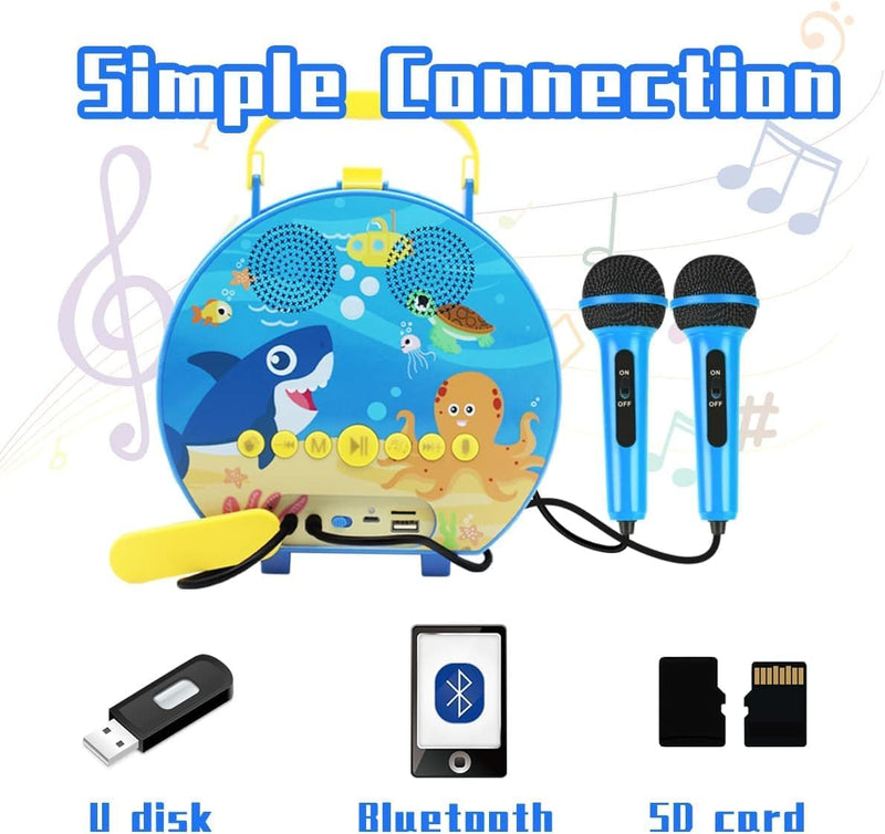 GOMINIMO Kids Portable Karaoke with Two Microphones (Round, Blue Shark) - NuSea