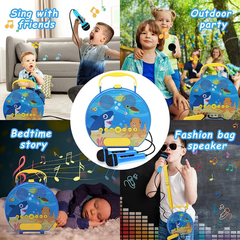 GOMINIMO Kids Portable Karaoke with Two Microphones (Round, Blue Shark) - NuSea