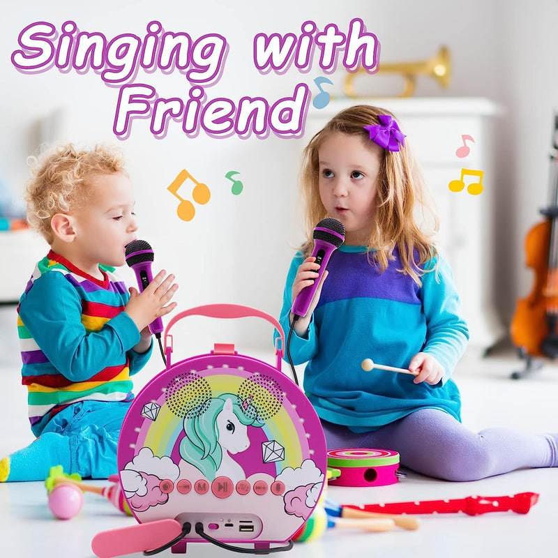 GOMINIMO Kids Portable Karaoke with Two Microphones (Round, Purple Unicorn) - NuSea
