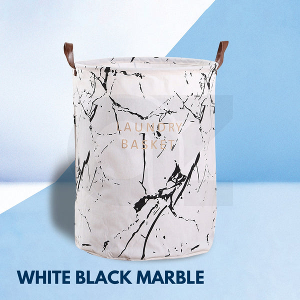 GOMINIMO Laundry Basket Round Foldable White Black Marble - NuSea