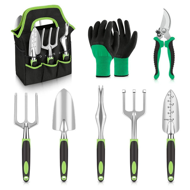 GreenHaven Garden Tool Set - 8 Piece Stainless Steel Set with Carrying Tote - NuSea