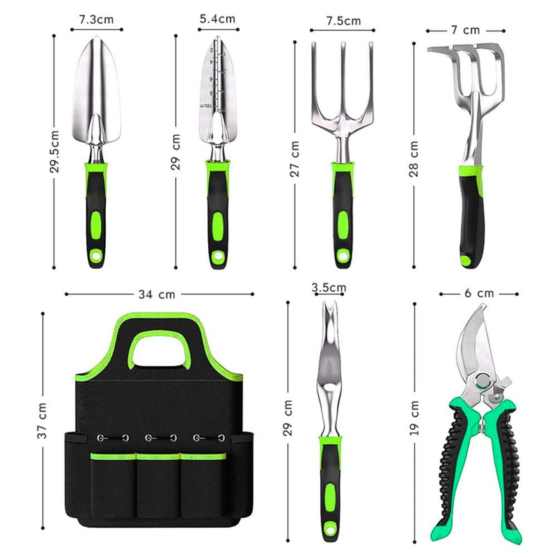 GreenHaven Garden Tool Set - 8 Piece Stainless Steel Set with Carrying Tote - NuSea