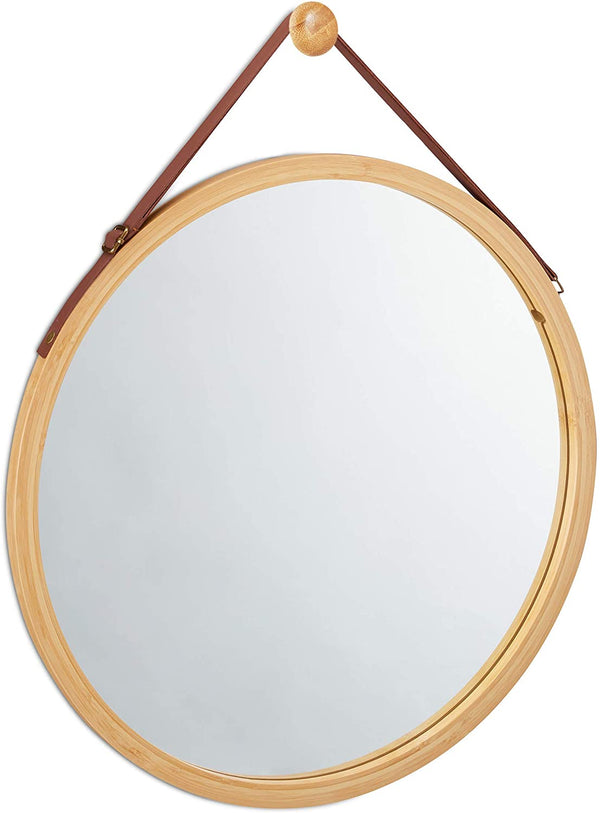 Hanging Round Wall Mirror 38 cm - Solid Bamboo Frame and Adjustable Leather Strap for Bathroom and Bedroom - NuSea