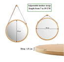 Hanging Round Wall Mirror 38 cm - Solid Bamboo Frame and Adjustable Leather Strap for Bathroom and Bedroom - NuSea