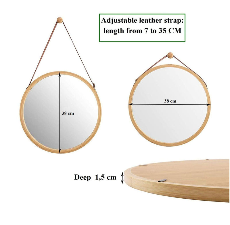 Hanging Round Wall Mirror 38 cm - Solid Bamboo Frame and Adjustable Leather Strap for Bathroom and Bedroom - NuSea
