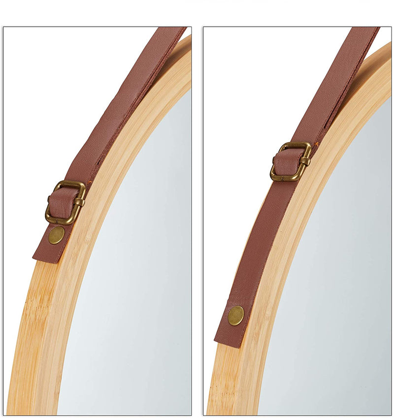 Hanging Round Wall Mirror 38 cm - Solid Bamboo Frame and Adjustable Leather Strap for Bathroom and Bedroom - NuSea