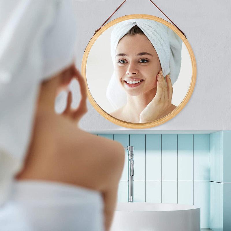Hanging Round Wall Mirror 38 cm - Solid Bamboo Frame and Adjustable Leather Strap for Bathroom and Bedroom - NuSea