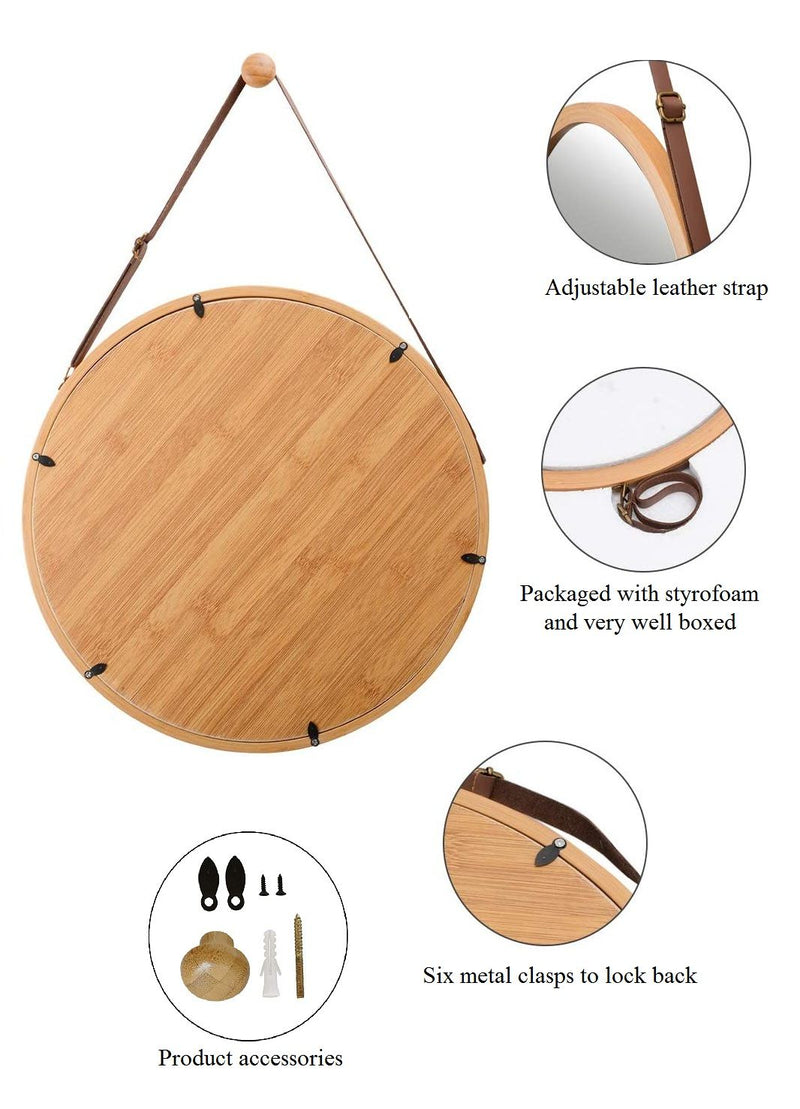 Hanging Round Wall Mirror 38 cm - Solid Bamboo Frame and Adjustable Leather Strap for Bathroom and Bedroom - NuSea