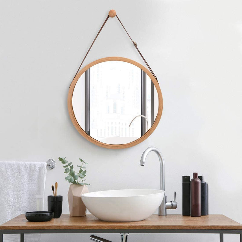 Hanging Round Wall Mirror 38 cm - Solid Bamboo Frame and Adjustable Leather Strap for Bathroom and Bedroom - NuSea
