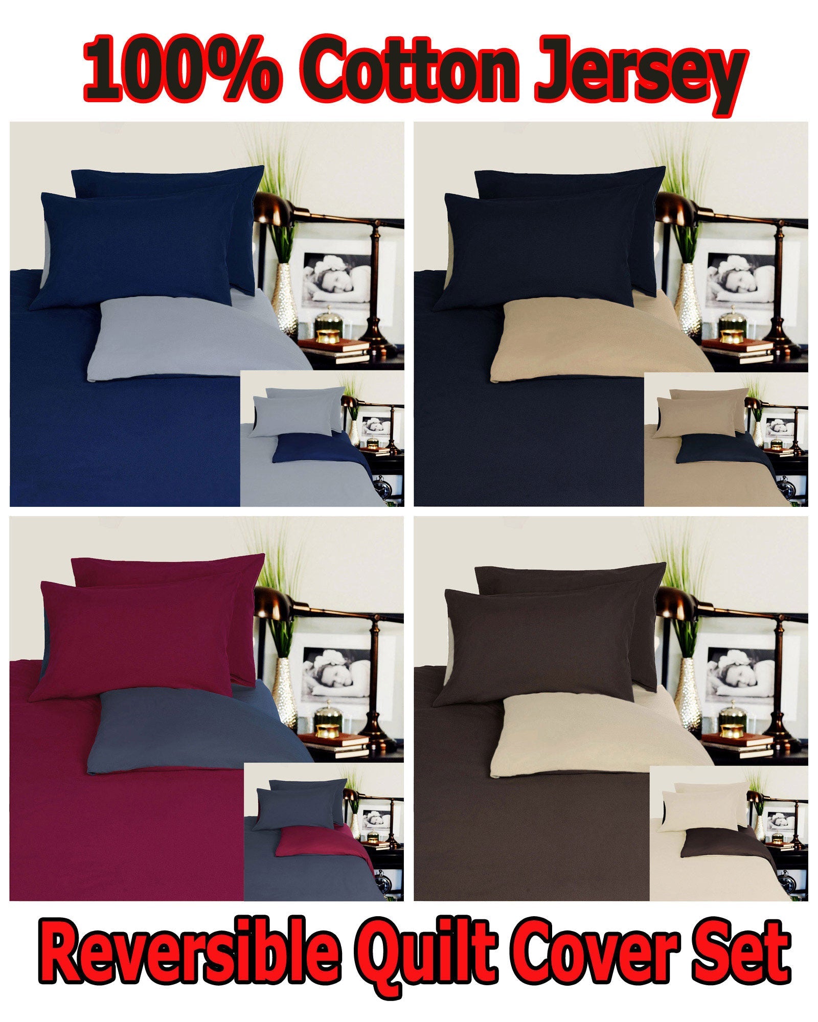 Hotel Living Reversible 100% Cotton JERSEY Quilt Cover Set Chocolate / Linen - DOUBLE - NuSea