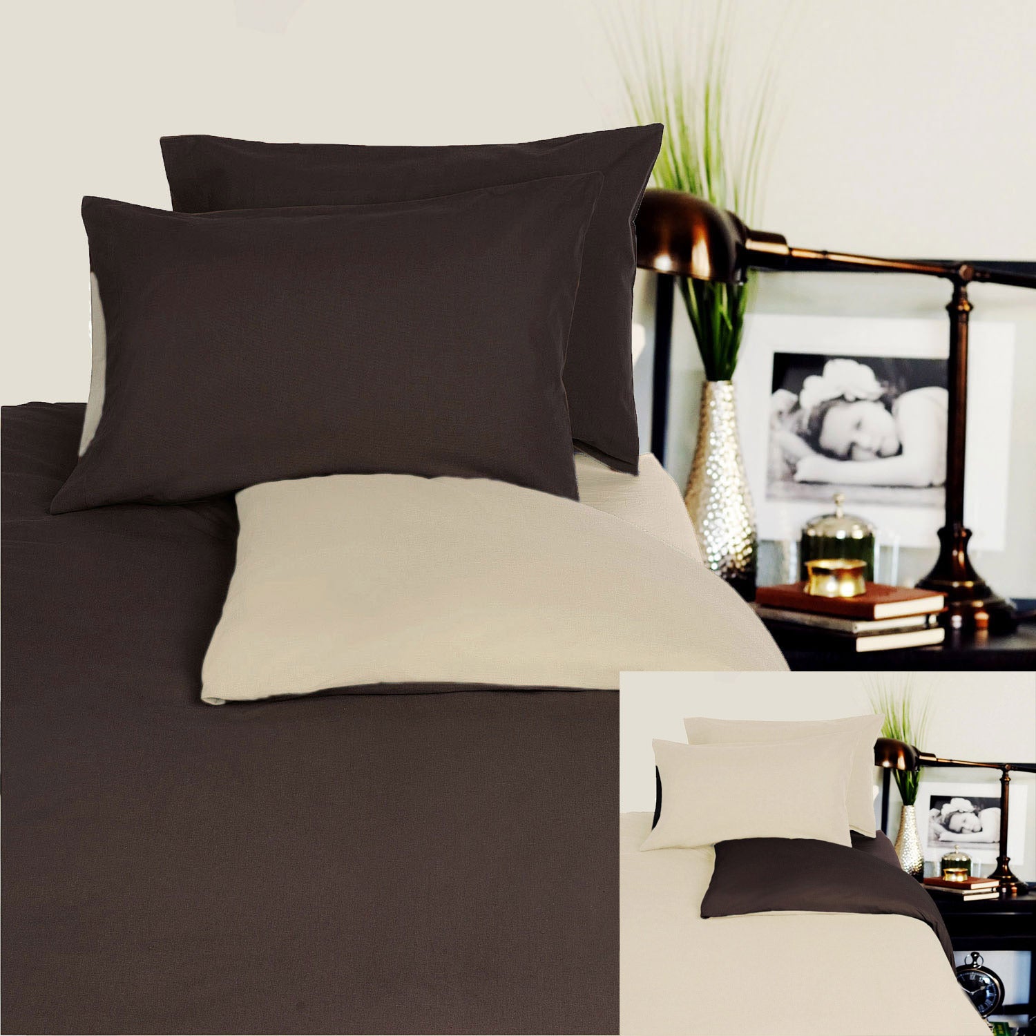 Hotel Living Reversible 100% Cotton JERSEY Quilt Cover Set Chocolate / Linen - DOUBLE - NuSea