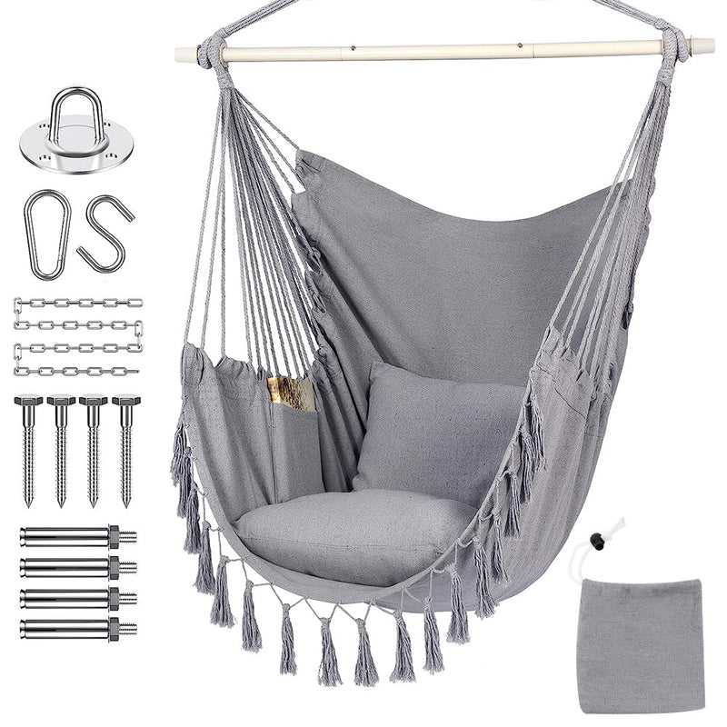 HYPERANGER Hammock Chair Hanging Rope Swing with 2 Cushions - Grey - NuSea