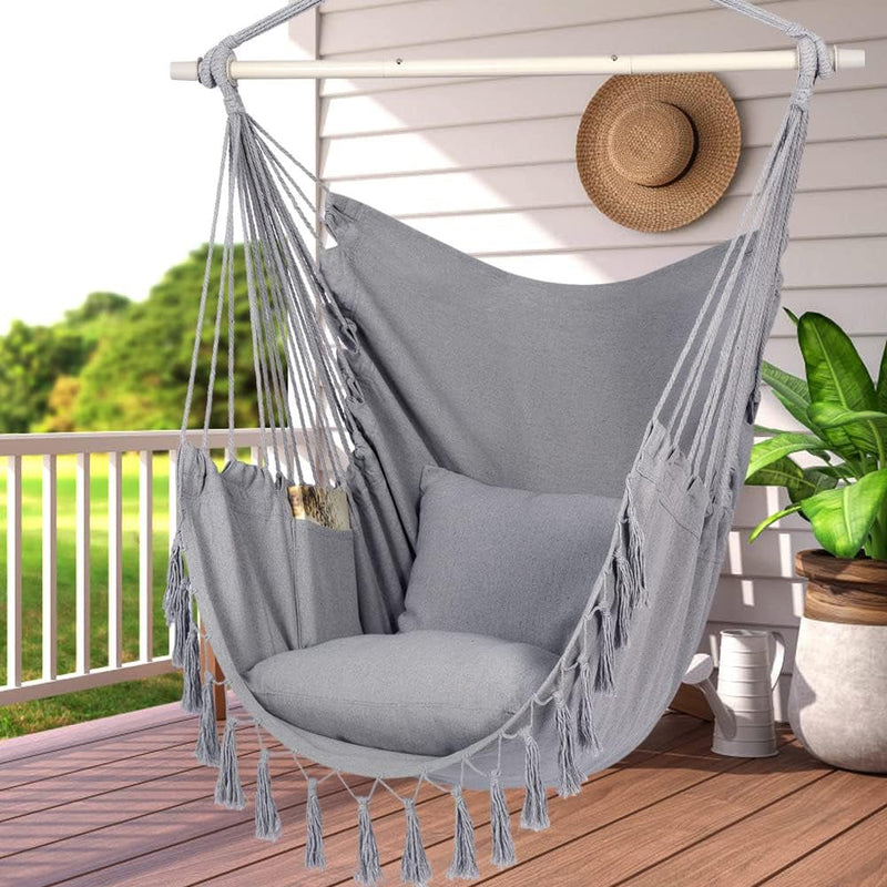 HYPERANGER Hammock Chair Hanging Rope Swing with 2 Cushions - Grey - NuSea