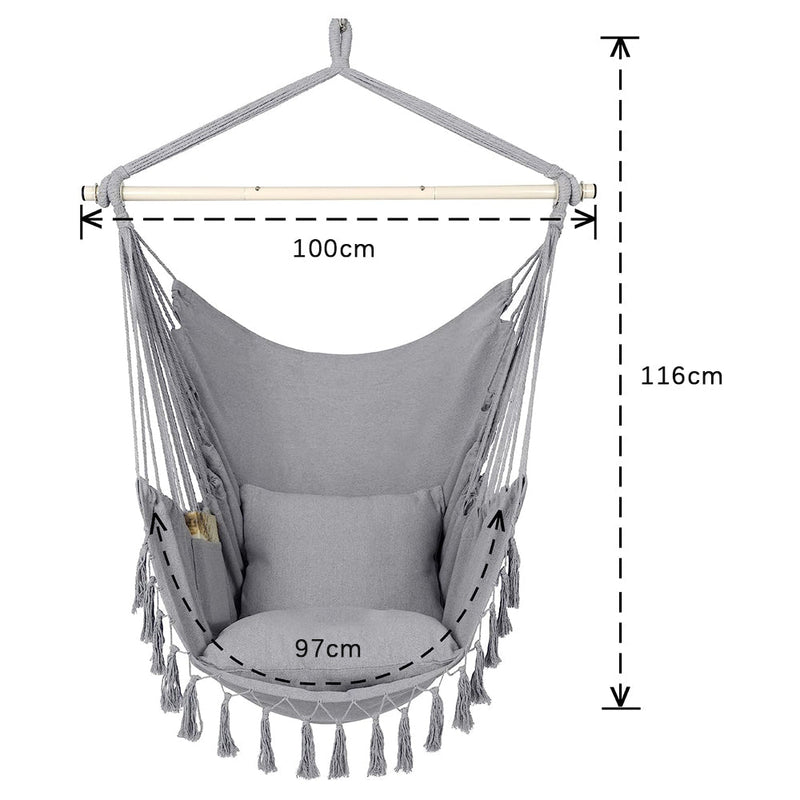 HYPERANGER Hammock Chair Hanging Rope Swing with 2 Cushions - Grey - NuSea