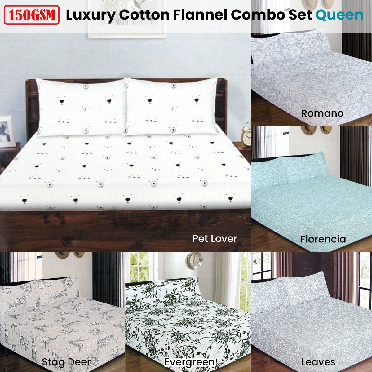 ICF Store Cotton Flannel Combo Fitted Sheet Set Queen Romano - NuSea