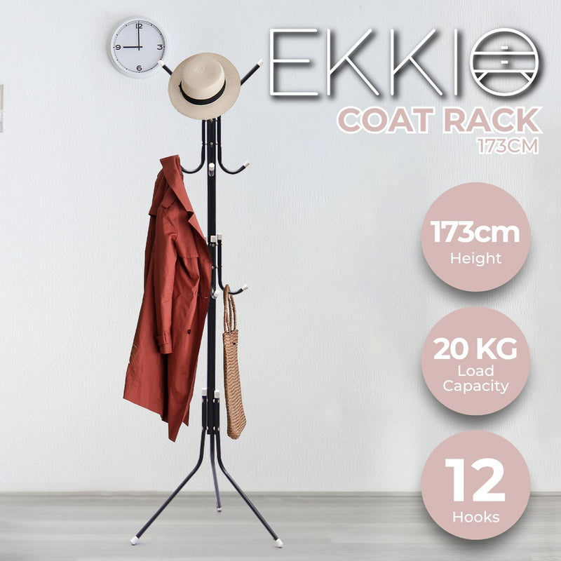 EKKIO 12 Hook Metal Coat Rack Stand with 3-Tier Hat Hanger Black