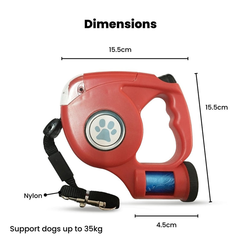 Floofi 3 in 1 Waste Bag LED Leash with Poop Bags Dispenser Red