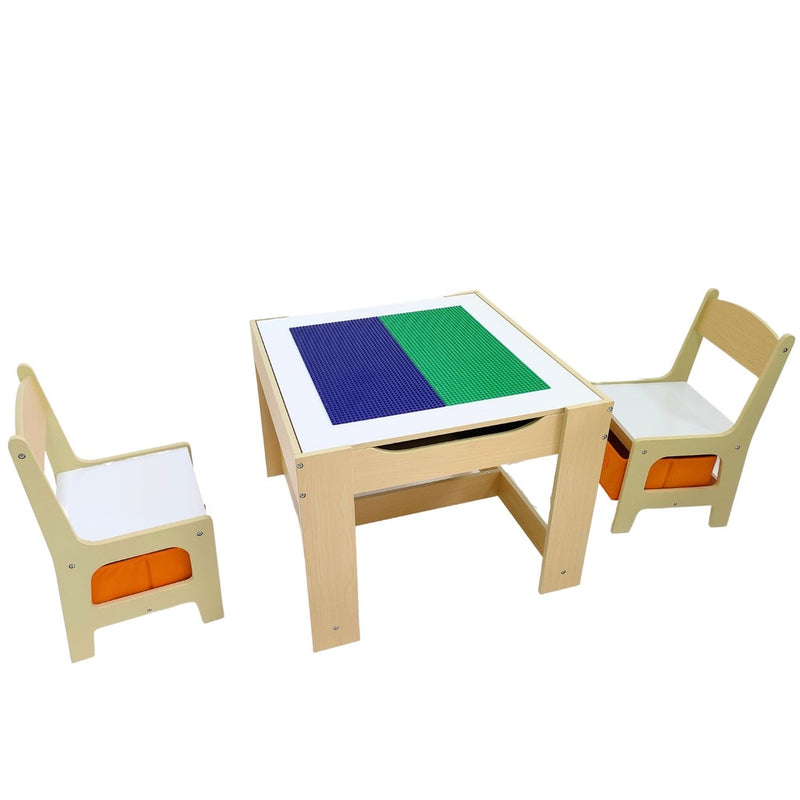 EKKIO 3PCS Kids Table with Lego Baseplate and Chairs Set with Black Chalkboard (White)