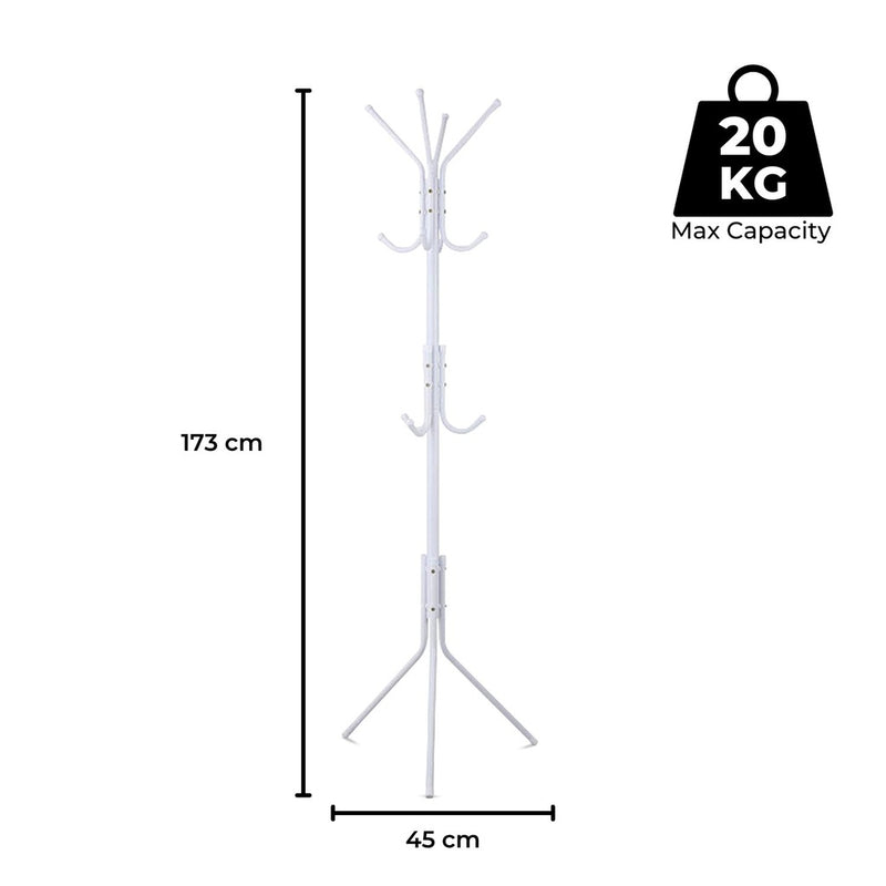 EKKIO 12 Hook Metal Coat Rack Stand with 3-Tier Hat Hanger (White)