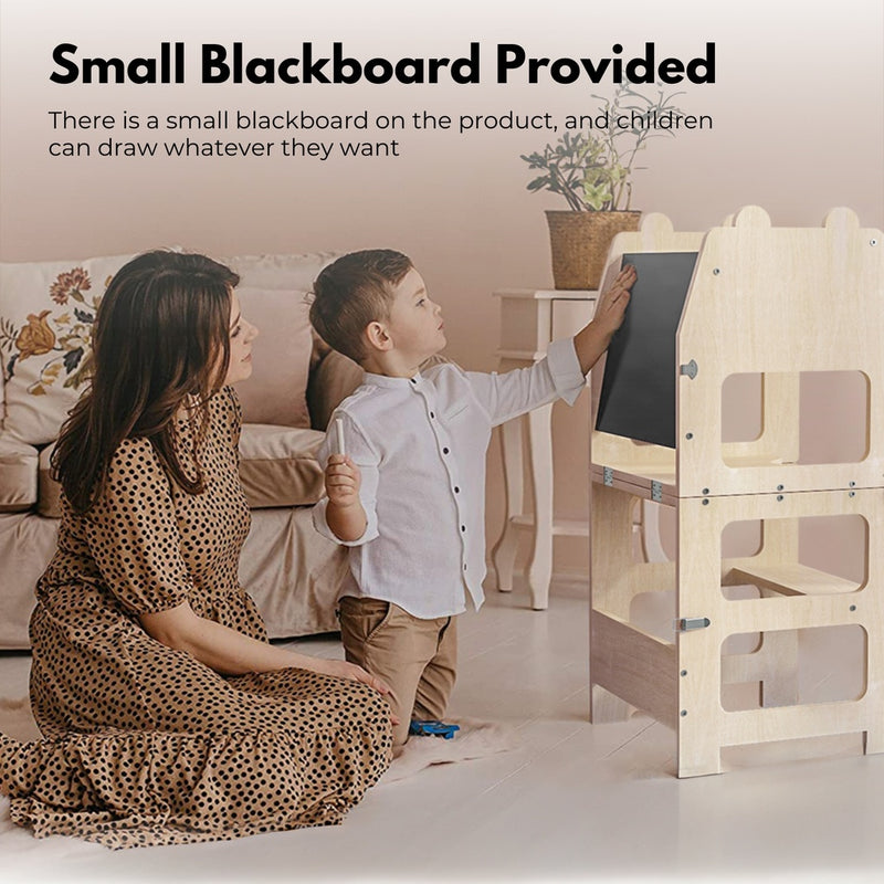 EKKIO Folding Kitchen Kids Step Stool with Chalkboard Bear Ear design Wood Color