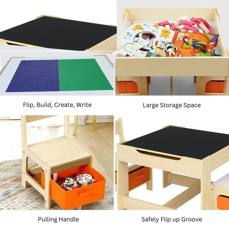 EKKIO 3PCS Kids Table with Lego Baseplate and Chairs Set with Black Chalkboard (White)