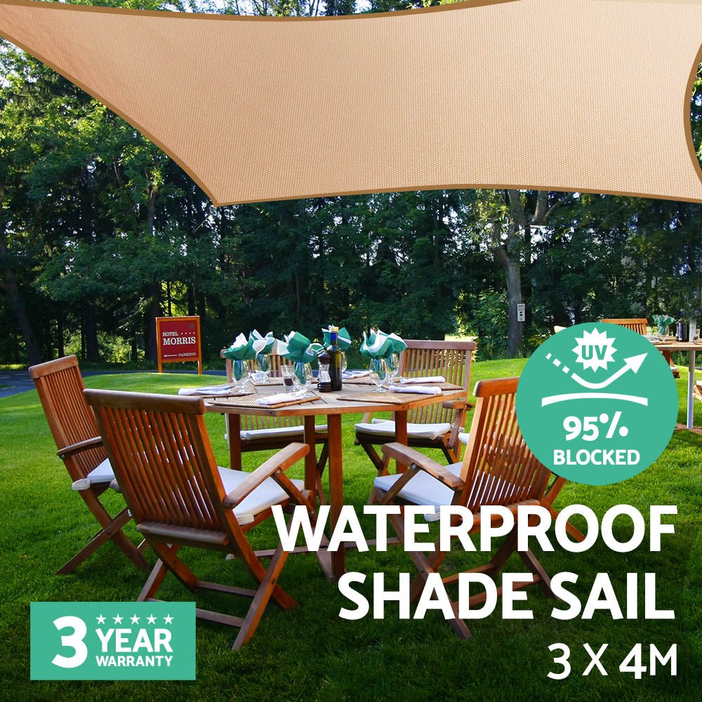Instahut Waterproof Shade Sail 3x4m Rectangle Sand 95% Shade Cloth - NuSea