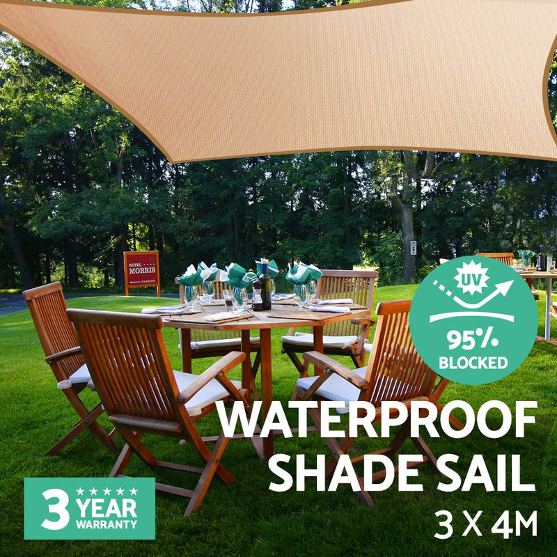 Instahut Waterproof Shade Sail 3x4m Rectangle Sand 95% Shade Cloth - NuSea