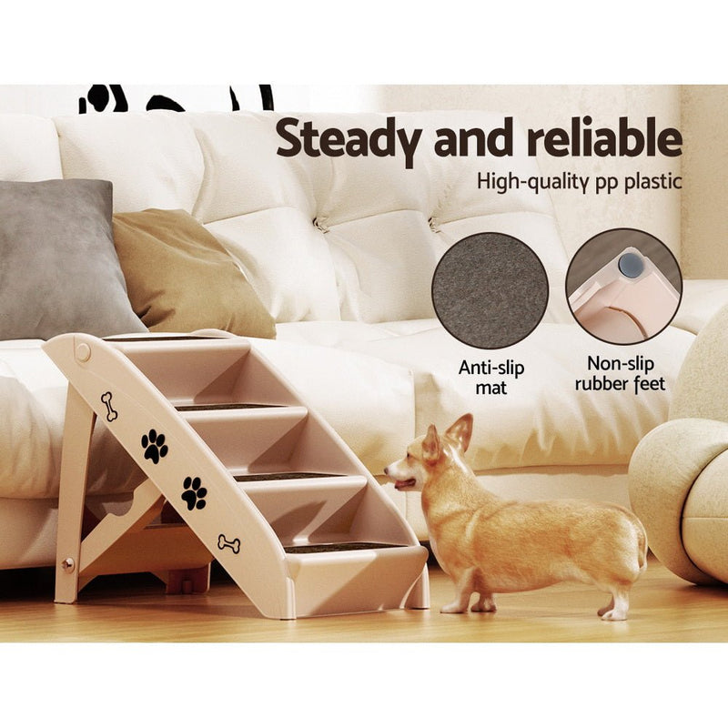 i.Pet Dog Ramp Steps For Bed Sofa Car Pet Stairs Ladder Portable Foldable Beige - NuSea