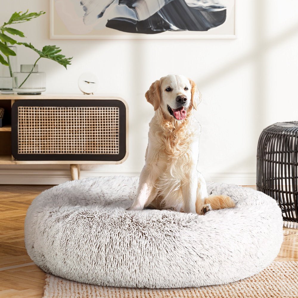 i.Pet Pet Bed Dog Cat 90cm Large Calming Soft Plush White Brown - NuSea
