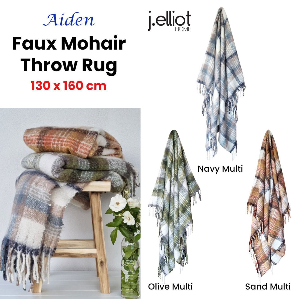 J Elliot Home Aiden Olive Multi Faux Mohair Throw Rug with Fringe 130 x 160cm - NuSea